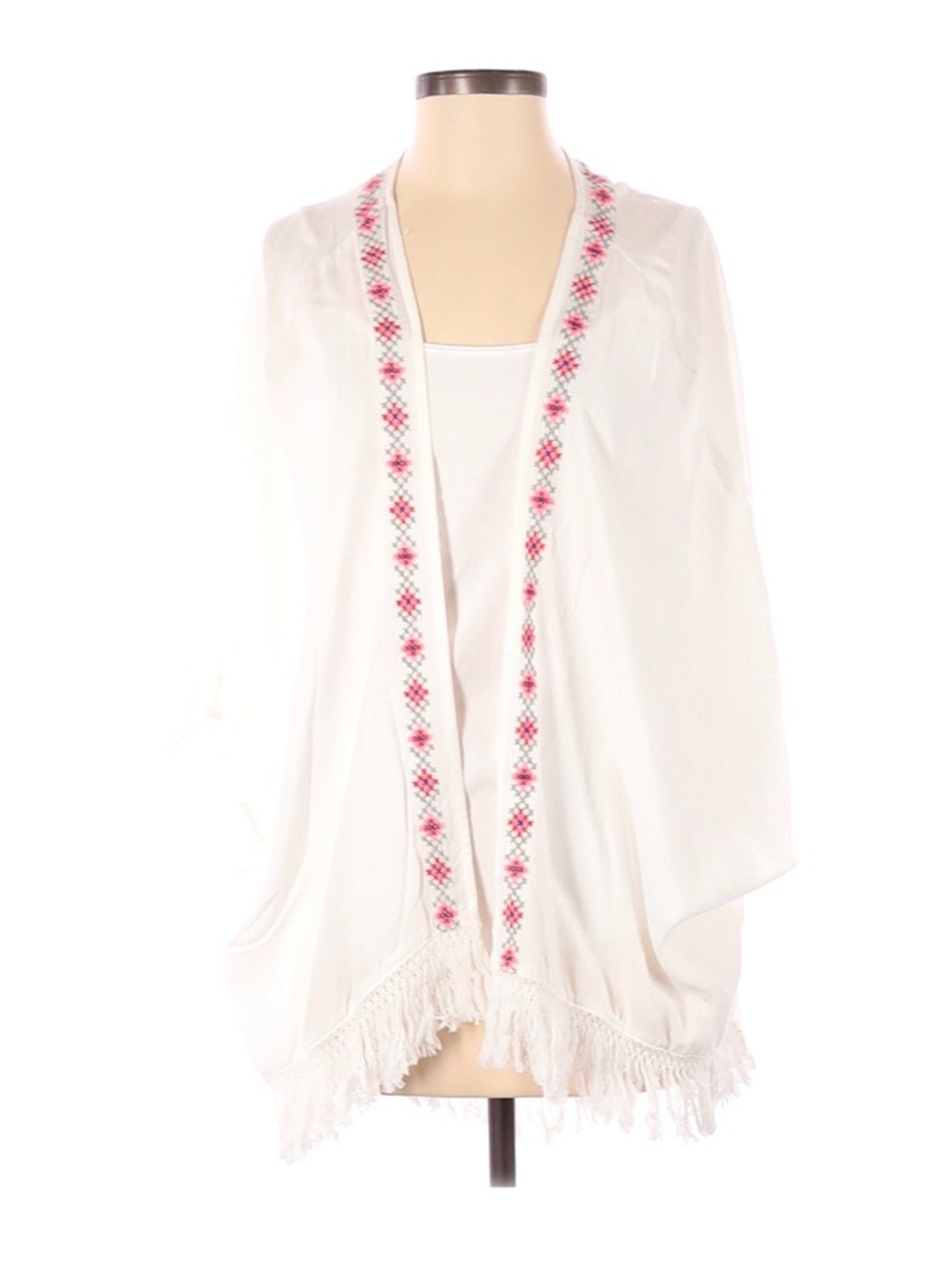 Boutique Jodifl White Fringe Kimono with Pink Embroidered Trim